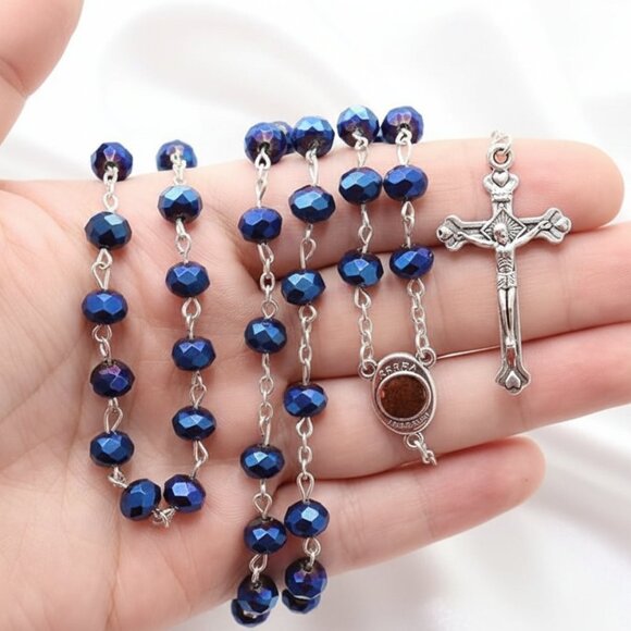 Deep Blue Metallic Crystal Rosary Necklace Jesus Cross Religious Jewelry NWOT - Picture 6 of 8